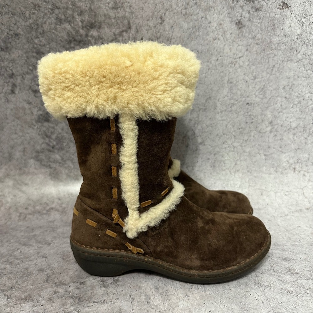 UGG Elijo Boots Women Size 5 Brown‎ Suede Shearling Fur Cuff Winter Mid Calf